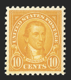 562, 10c Orange, marvelously well centered and margined, brilliantly rich color, o.g., n.h., extremely fine a gem example 2007 PSE certificate (Superb 98 SMQ $740.00) only
three stamps grade higher.