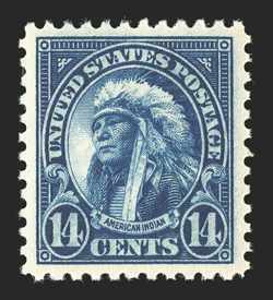 565, 14c Blue, exceedingly well centered and margined, deep intense color and a prooflike impression on bright paper, o.g., n.h., extremely fine 2007 PSE certificate (Superb 98
SMQ $235.00).