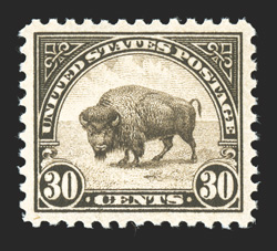 569, 30c Olive brown, a highly select mint example, not only being extraordinarily well centered and margined, but also featuring deep intense color and a razor-sharp
impression, pristine o.g., n.h., extremely fine 2007 PSE certificate (Superb