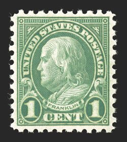 581, 1c Green, marvelously well centered, impressively rich color and a well incised impression, o.g., n.h., extremely fine actually a very difficult stamp to find in this gem
quality 2007 PSE certificate (Superb 98 SMQ $960.00) only one sta