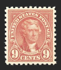 590, 9c Rose, outstanding centering, bright rich color, pristine o.g., n.h., extremely fine and choice 2011 PSE certificate (Superb 98 SMQ $650.00) only two stamps grade
higher.