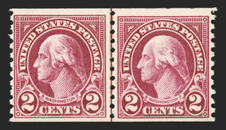 599, 599A, 2c Carmine coil, Ty. I and Ty. II combination joint line pair, left stamp Type II and right stamp Type I, brilliantly rich color, o.g., lightly hinged, fine-very
fine 1984 PF certificate.