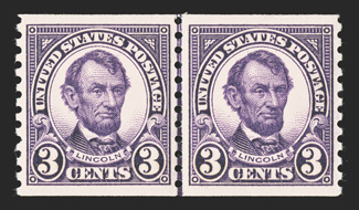 600, 3c Violet coil, perf. 10 vert., an extraordinarily choice joint line pair, possessing outstanding centering within large margins, beautiful rich color, o.g., n.h.,
extremely fine 2007 PSE certificate (Superb 98 SMQ $365.00) this is the