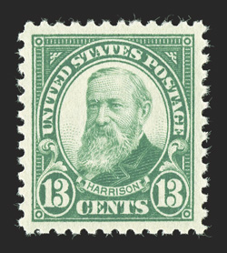 622, 13c Green, outstanding centering within large margins, intensely rich color, o.g., n.h., extremely fine gem 2005 PSE certificate (Superb 98 SMQ $250.00).