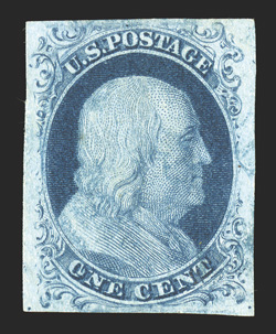 7, 1c Blue, Ty. II, position 48R2, major double transfer variety, a premium used example of this position which displays one of the more significant double transfers found on
plate 2, with strong doubling found in ONE lettering, possessing