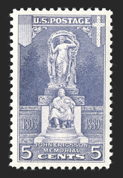 628, 5c Ericsson Memorial, uncharacteristically large and wonderfully well balanced margins all around, bright fresh color, o.g., n.h., extremely fine gem 2007 PSE certificate
(Superb 98 SMQ $250.00).