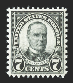 639, 7c Black, a striking mint single, absolutely perfect centering, strong rich color, o.g., n.h., superb 2007 PSE certificate (Gem 100 SMQ $250.00 for 98) this is the highest
grade the PSE has awarded this stamp.