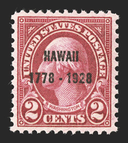 647, 2c Hawaii ovpt., exceedingly well centered and margined, deep vibrant color, o.g., n.h., extremely fine 2007 PSE certificate (Superb 98 SMQ $325.00).
