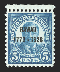 648, 5c Hawaii ovpt., top sheet-margin single, precisely centered within large margins, strong rich color, o.g., n.h., extremely fine 2007 PSE certificate (Superb 98 SMQ
$460.00).