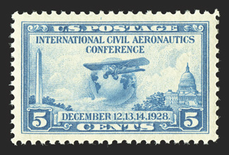 650, 5c Aeronautic Conference, a stunning mint single of this relatively common stamp, in a quality that is anything but common, featuring mathematically precise centering amid
lavish large margins all around, lovely fresh color, immaculate o.g.
