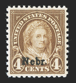 673, 4c Nebr. ovpt., mathematically precise centering within larger margins than typically found on this series, deeply rich color and an uncommonly strong impression, o.g.,
n.h., superb a stamp for the collector assembling the highest graded