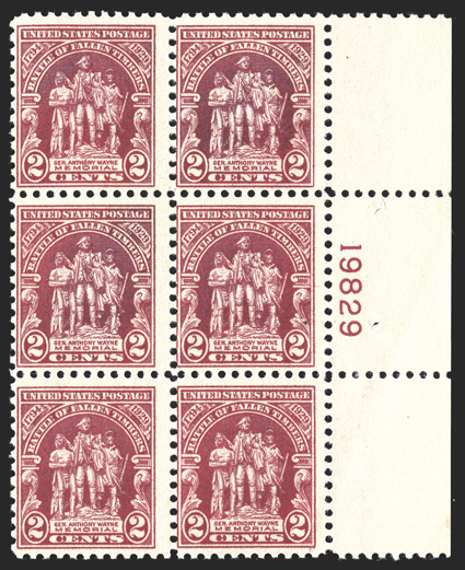 680 var., 2c Battle of Fallen Timbers, carmine lake color, right margin plate no. 19829 block of six, strong color in this distinctive shade, o.g., n.h., with usual gum skips
and bends, fine the carmine lake shade is not listed for this stamp a