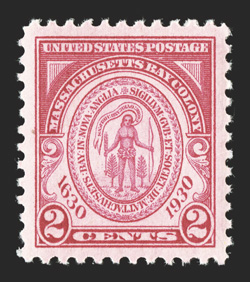 682, 2c Massachusetts Bay Colony, flawlessly centered amid large margins all around, brilliant color, o.g., n.h., an extremely fine gem in every regard 2010 PSE certificate
(Gem 100 SMQ $180.00 for 98) this is the highest grade the PSE has