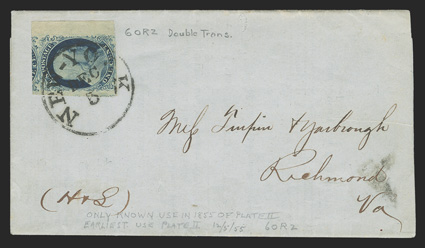 7, 1c Blue, Ty. II, position 60R2, an impressively margined single, with huge margins on three sides, including showing a portion of the adjoining stamps at left and at top, in
addition to a sizable sheet margin at right, fourth margin at bottom