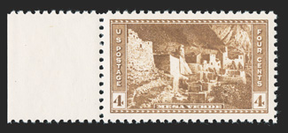 743, 4c Mesa Verde, a flawless left sheet-margin single, possessing lavishly large and perfectly balanced margins all around, rich fresh color on bright paper, immaculate o.g.,
n.h., superb 2010 PSE certificate (Gem 100 Jumbo SMQ $450.00 for 1