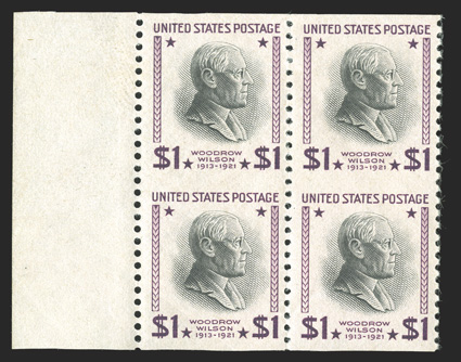 832a, $1.00 Purple and black, imperforate horizontally, handsome left sheet-margin block of four containing two error pairs, positions 21-22 and 31-32, well centered and
margined, o.g., n.h., choice very fine only a single pane containing 50 pa
