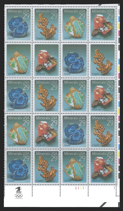 2703a var., 29c Minerals se-tenant block, silver omitted from the top portion of the stamp, one full pane of 40 and a half pane of 20, the second row has the MineralsUSA and 29
omitted, as well at top top half of the silver border, however