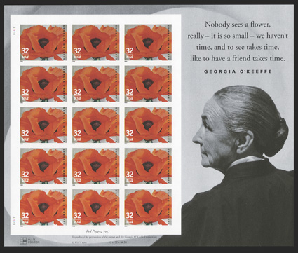 3069a, 32c Georgia OKeefe, imperforate, pane of fifteen, o.g., n.h., extremely fine.