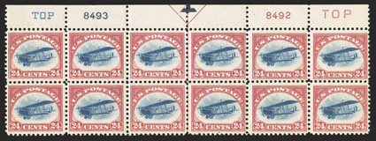 C1-6, 1918 and 1923 Air Posts cplt., each in a plate block of six or twelve (C3), first three are tops, C6 is a bottom, the other two sides, o.g., some h.r.s, C2, C3 and C5
with thins, fine-very fine appearance.