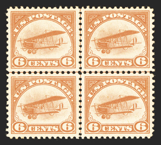 C1, 6c Orange, four position blocks, top and left arrow, center line and top left corner margin blocks of four, bright colors, o.g., n.h. (top left block hinged in the selvage
only), fine-very fine two accompanied by 1984 APS certificates.