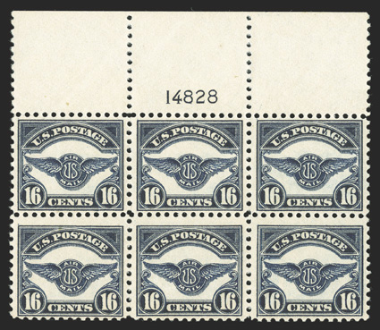 C5, 16c Dark blue, full top margin plate no. 14828 block of six, deep rich color, fresh and intact, o.g., n.h., bottom center stamp with a perf. disc impression on gum,
otherwise fine.