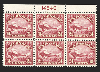 C6, 24c Carmine, top margin plate no. 14840 block of six, attractively centered, crisp and intact, o.g., h.r. at top center, the other five stamps n.h., fine-very
fine.
