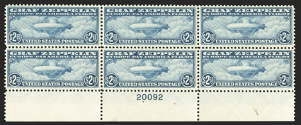 C13-15, 65c-$2.60 Graf Zeppelins cplt., top (C14) or bottom margin plate no. blocks of six, fresh and well centered, especially the $2.60 value, strong and intact perforations
all around, o.g., C14 hinged in the selvage and on the bottom cente