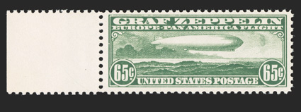 C13, 65c Graf Zeppelin, left sheet-margin single, fresh color, o.g., n.h., very fine 1990 PF certificate.