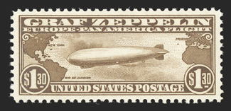 C14, $1.30 Graf Zeppelin, excellent centering within uncharacteristically large margins, sumptuously rich color, o.g., n.h., extremely fine 2007 PSE certificate (XF-Superb 95
SMQ $1,500.00).