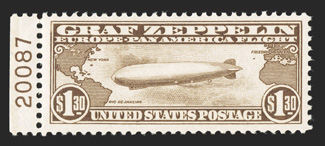 C14, $1.30 Graf Zeppelin, left margin plate no. 20087 single, well centered within large margins, strong color, o.g., n.h., very fine 1992 PF certificate.