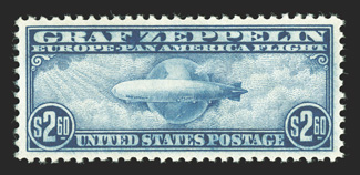 C15, $2.60 Graf Zeppelin, wonderfully well centered and margined, strong color and impression, o.g., n.h., extremely fine 2004 PSE certificate (XF-Superb 95 SMQ
$2,000.00).