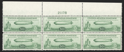 C18, 50c Graf Zeppelin, full top margin plate no. 21178 block of six, fresh and well centered, o.g., n.h., very fine.