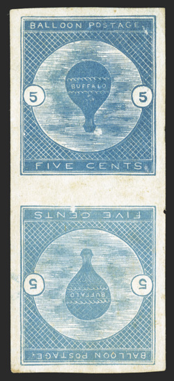 CL1a, 5c Deep blue Buffalo Balloon, tete-beche pair, an extremely rare unused example of this pair, without gum as is often the case with these stamps, extraordinarily well
margined, with huge balanced margins all around, there are just a coup