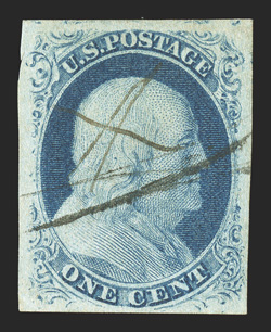 8 var., 1c Blue, Ty. III, position 99R2, an attractive and collectible example of this key position rarity, which is the best example of the Type III, with the widest breaks
possible at both top (due to a short transfer) and bottom, completely s