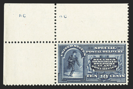 E5, 10c Blue, a striking top left corner margin single, excellent centering, plus it is especially bright and fresh, pristine o.g., n.h., extremely fine 2003 PSE certificate
(XF-Superb 95 SMQ $2,800.00) only one stamp grades higher.