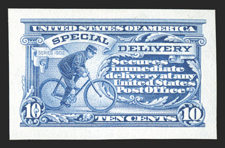 E6P2, 10c Ultramarine special delivery, small die proof, marvelously bright and fresh, large margins, very fine 1997 PF certificate.