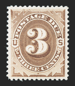 J3, 3c Brown, excellent centering within large margins, lovely fresh color, o.g., n.h., extremely fine and choice 2010 PSE certificate (XF-Superb 95 SMQ
$1,100.00).