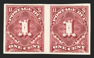 J31a, 1c Claret, imperforate, horizontal pair, large margins all around, rich color, trivial thin spots on right stamp, otherwise very fine 2001 PF
certificate.