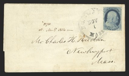 8, 1c Blue, Ty. III, position 99R2, an attractive example of this major One Cent Blue rarity, with three large margins, fourth at bottom just shaving outer line, deep luxuriant
color and a very strong impression, tied to a private boys school p