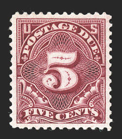 J41, 5c Deep claret, remarkably well centered within large balanced margins, gorgeous vibrant color and a well incised impression, o.g., n.h., extremely fine actually a rare
stamp in this superb quality 2011 PSE certificate (Superb 98 SMQ $1,