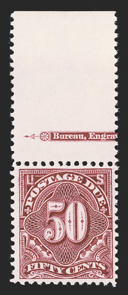 J44, 50c Deep claret, top margin partial imprint single, exceptionally bright and fresh, o.g., lightly hinged, very fine photocopy of a 2010 PF certificate for the strip of
three from which this came.