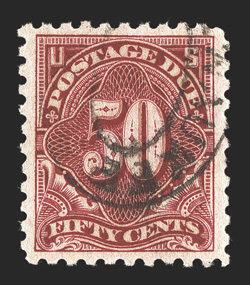 J58, 50c Carmine lake, an impressive used example of this perennially difficult postage due, being extraordinarily well centered within generous balanced margins, luxuriant
rich color and prooflike impression on crisp clean paper, neat Milwaukee