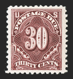 J66a, 30c Deep claret, exceptionally well centered within particularly wide margins, intense prooflike color and impression, o.g., n.h., extremely fine 2000 PSE certificate and
a 2006 PF certificate (XF 90).