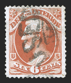O4, O18, 6c Agriculture, 6c Interior former cancelled by a perfect central strike of a magenta target postmark, latter cancelled by a Used Up of Traverse City, Mich.,
Agriculture stamp is exceptionally well centered and margined, both