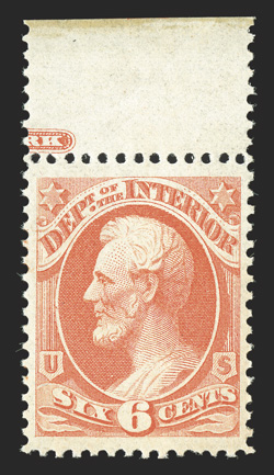 O18, 6c Interior, pristine top margin partial imprint single, brilliant color, exceptionally well centered and margined, o.g., never hinged, extremely fine 2010 PSAG
certificate (VF-XF 85).
