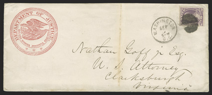 O28, 6c Justice, fine single, tied to legal size cover with handsome crimson seal corner card of the Department of Justice by circular cork postmark, matching Washington,
D.C.Sep 9 c.d.s. alongside, addressed to the U.S. Attorney in Clarksbur