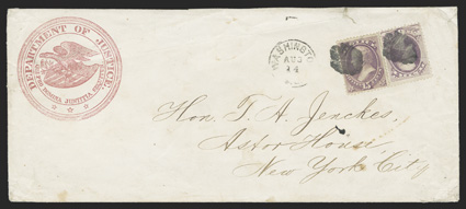 O28, O31, 6c and 15c Justice, singles of each, tied to an important legal sized cover with handsome crimson seal corner card of the Department of Justice by two circular cork
postmarks, with Washington, D.C.Aug 14 (1873) c.d.s. alongside, add