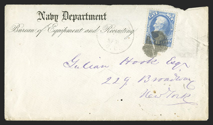 O38, 6c Navy, fine single, tied to small Navy DepartmentBureau of Equipment and Recruiting imprinted cover by circular segmented cork cancel, faint Washington, D.C.Jun 11, 1880
c.d.s. alongside, addressed to New York City, back flap missin