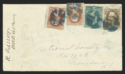 O75, 6c Treasury, fine single, along with 3c Green (158) and two 2c Vermilion (178) tied to canary colored registered cover by blue segmented cork cancels and by faint matching
Providence, R.I. c.d.s., addressed locally, manuscript R. Oct. 31