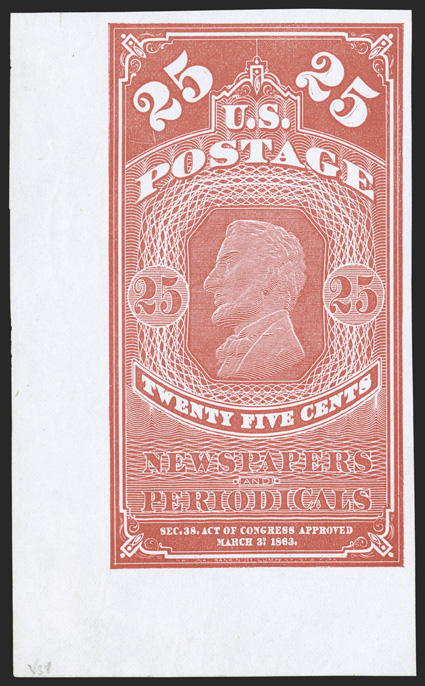 PR5 var.-PR7 var., 5c-25c 1875 Continental special printings of the 1865 Newspapers, imperforate, a marvelous matched set of bottom left corner sheet-margin singles, each
wonderfully well margined all around, in addition to being bright and fres